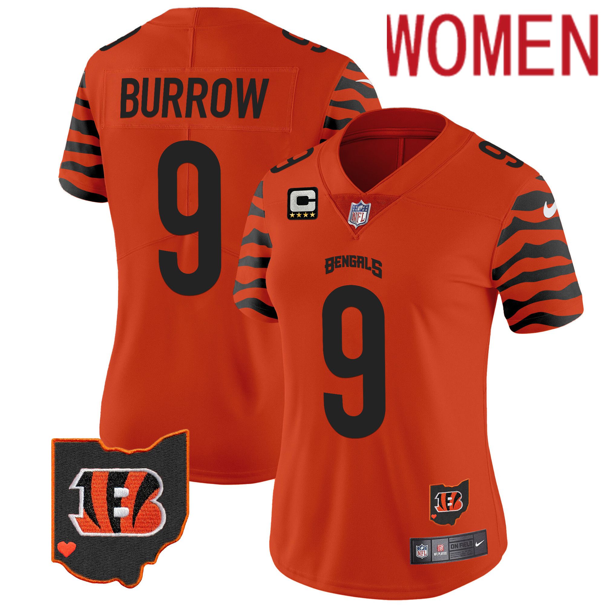 Women Cincinnati Bengals 9 Burrow Orange 2024 Nike Stripes Vapor Limited NFL Jersey